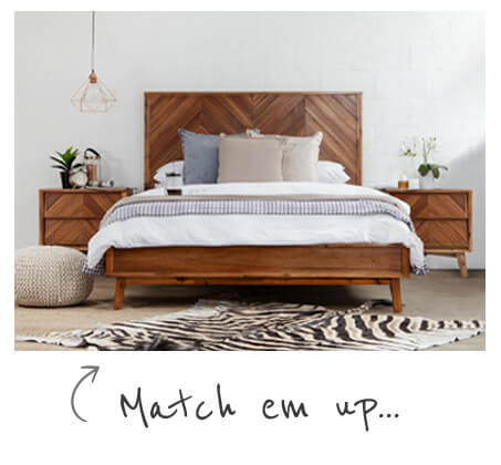 Two images, one to the left showing front shot of a neat, neutral coloured bedroom with matching wooden bed and bedside tables and a zebra hide on the floor; one on left is pastel coloured bedding on a grey upholstered bed with unmatching pedestals